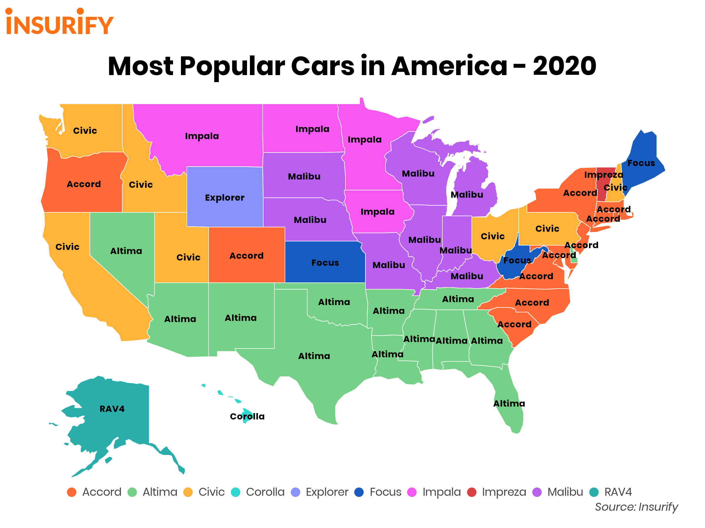 Most Popular Cars in America state map