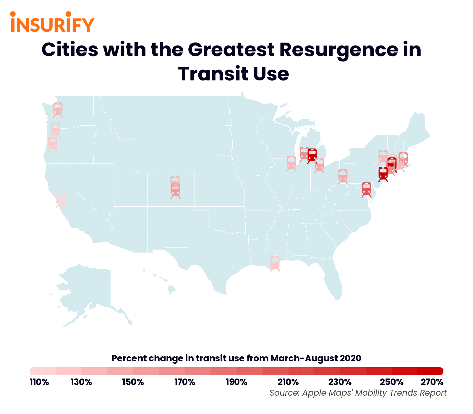 Icon map of cities in the U.S. with the greatest increase in public transit use from March-August 2020.