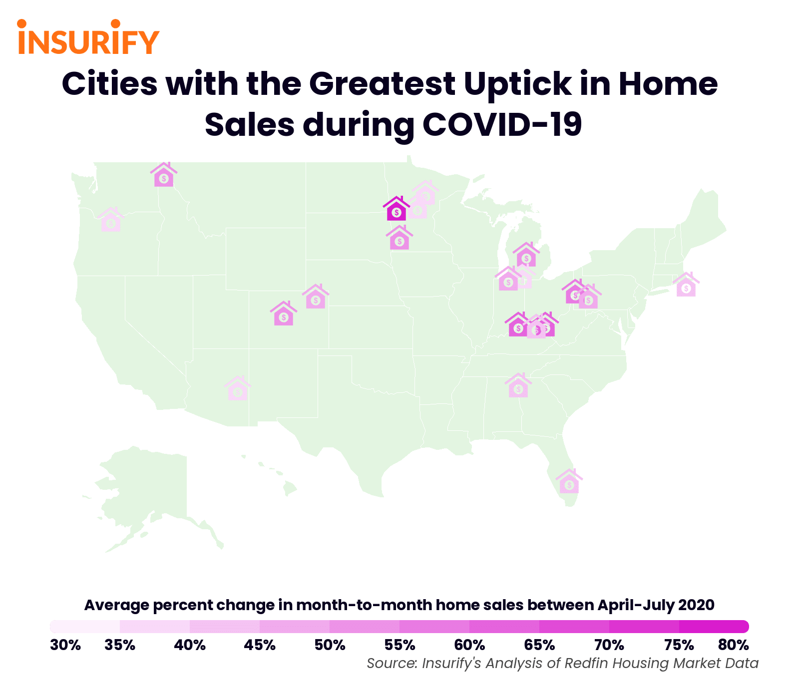 An icon map showing the twenty cities with the greatest surge in home sales during the COVID-19 pandemic.