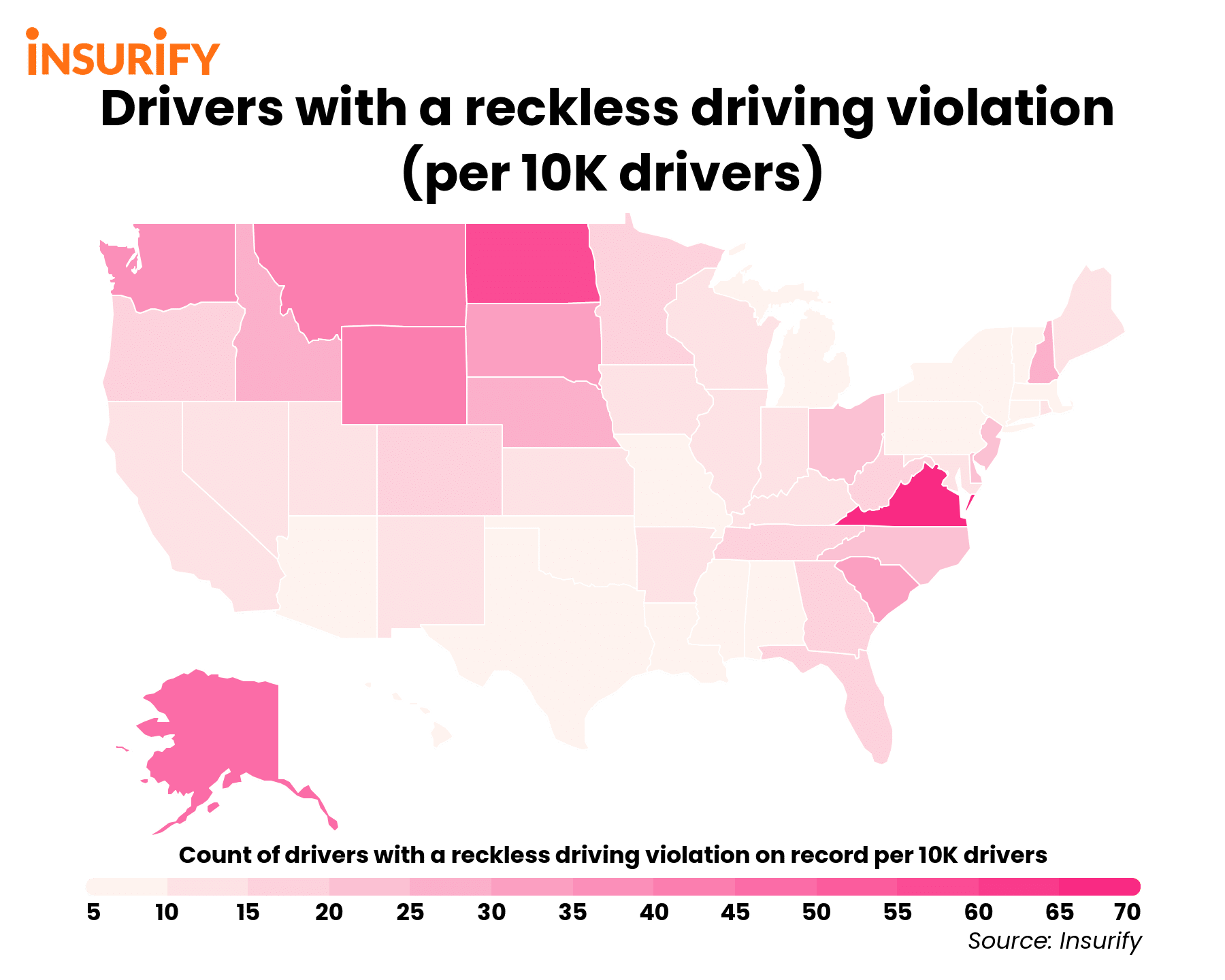 Heat map showing number of drivers with a reckless driving violation on record per 10K drivers by state