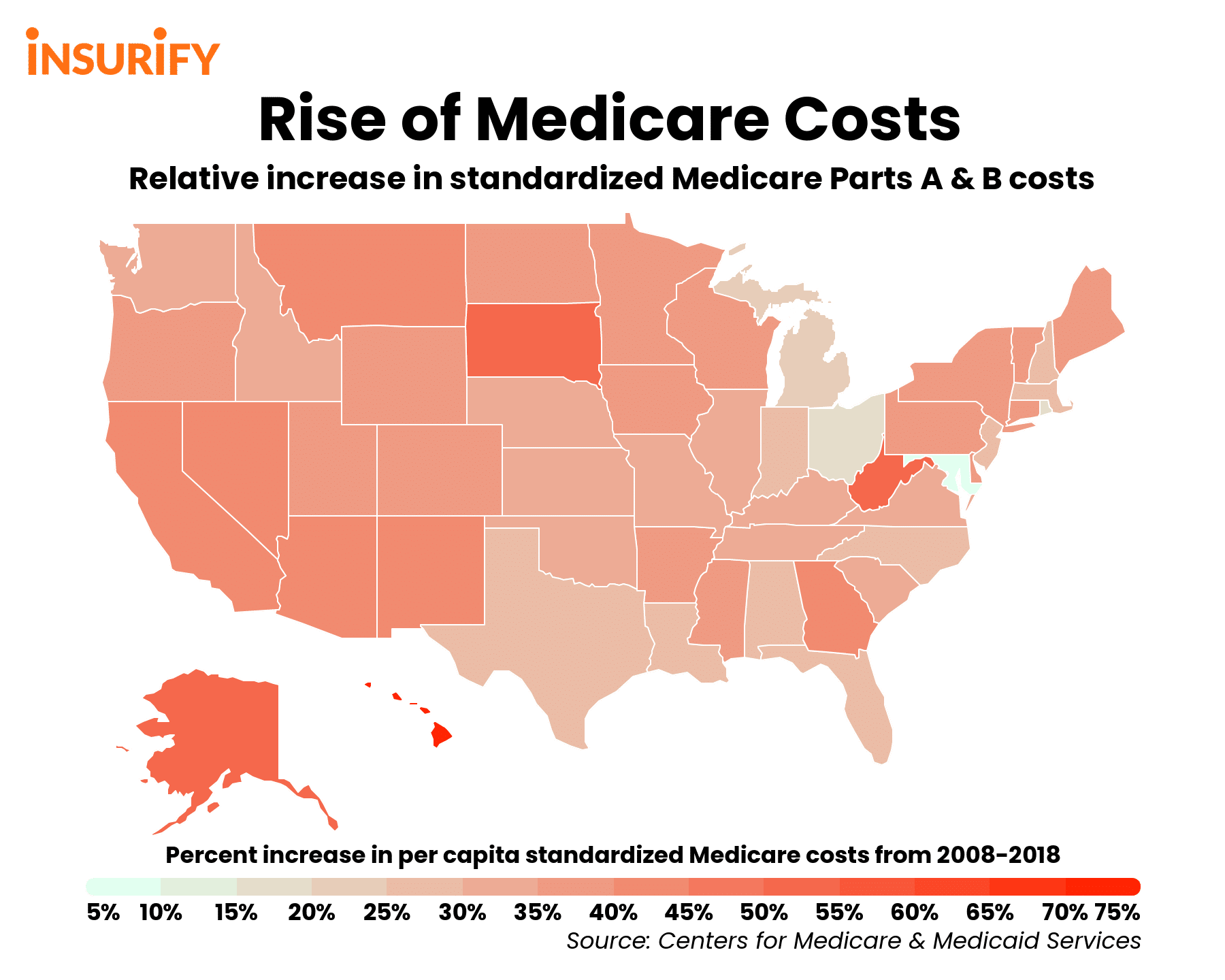 Heat map showing which states have experienced the greatest increases in Medicare spending over the past decade.