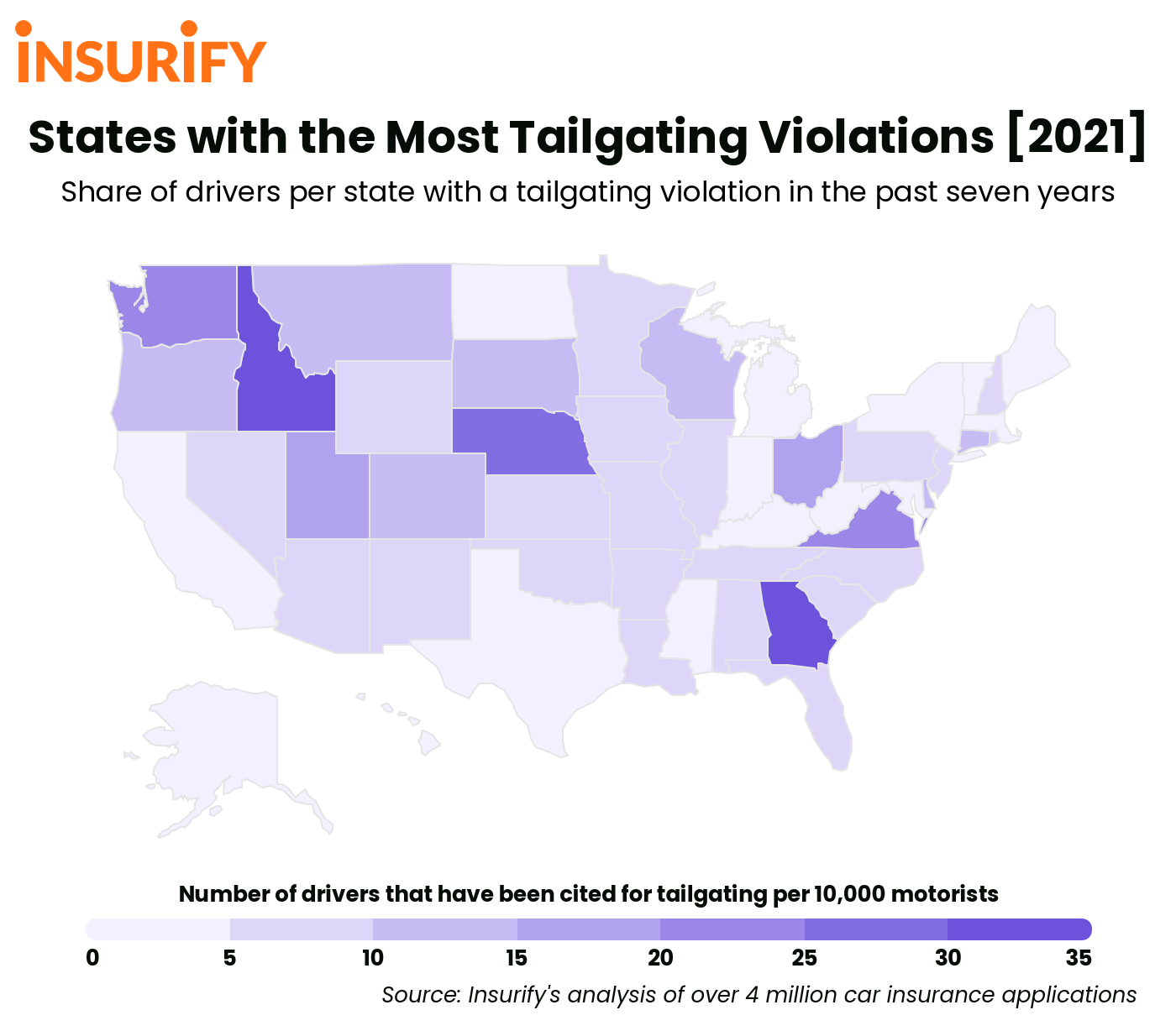 Heat map of the United States showing the states with the highest rates of tailgating in 2021.