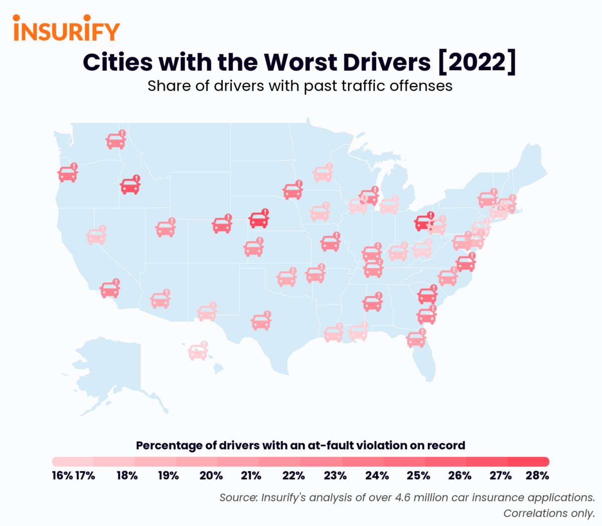 Icon map showing the city with the worst drivers in every state in 2022.